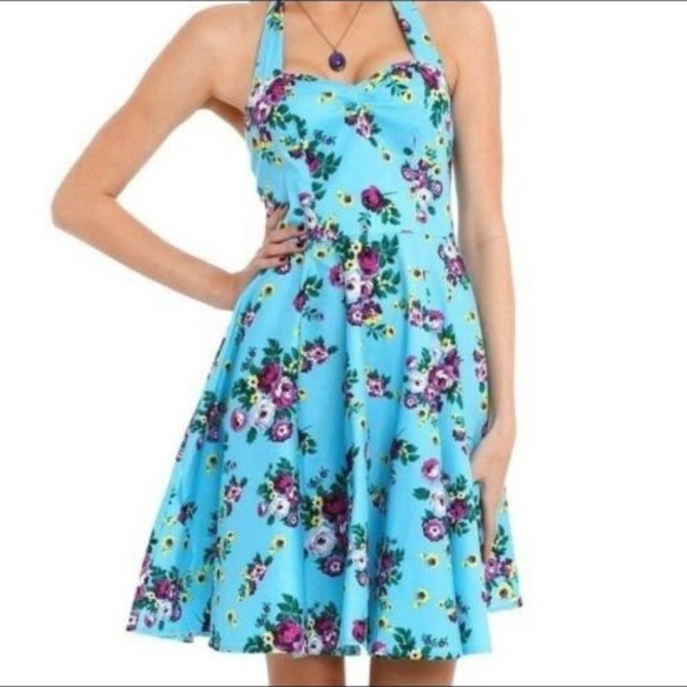 Hell Bunny Vixen Floral Halter Bombshell Dress Pinup Retro Cotton Aqua M